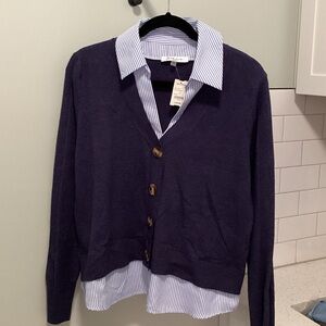 Layered Navy Cardigan with Blue Striped Shirt Detail